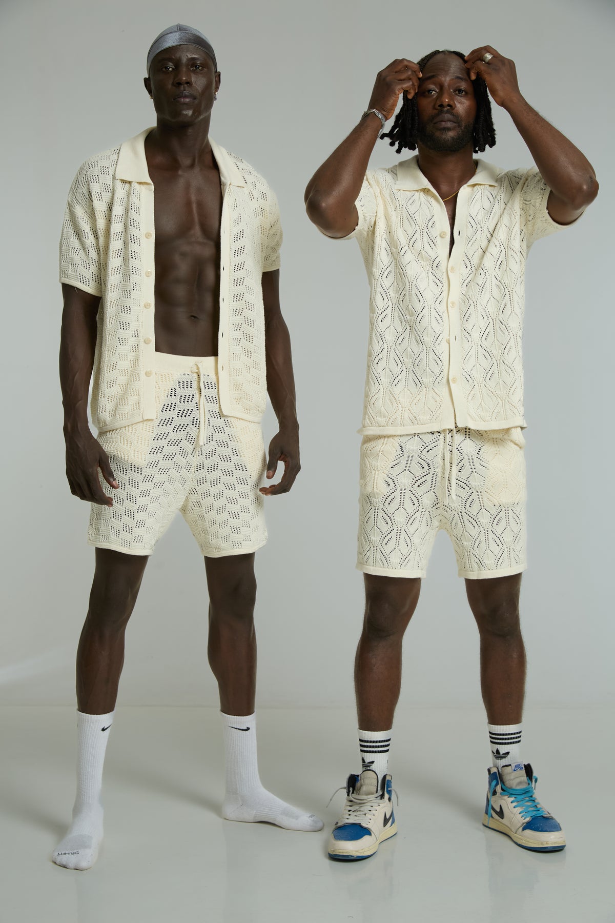 Two Models in Beige Mosaic Knit Set