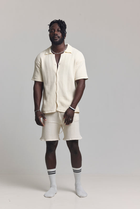Raw Ivory Bold Cord Set button down, three-quarter front view