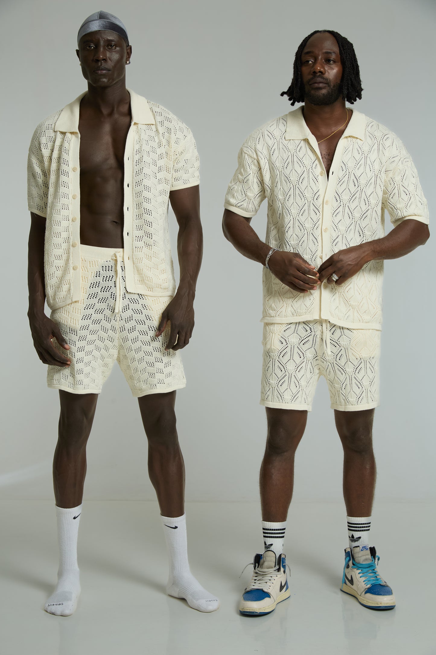Two Models in Beige Mosaic Knit Set  Duraj and sneakers