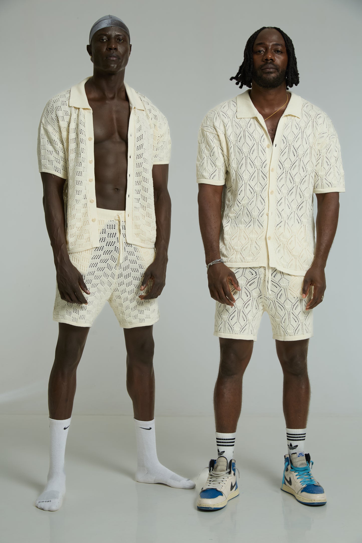 Two Models in Beige Mosaic Knit Set with Sneakers