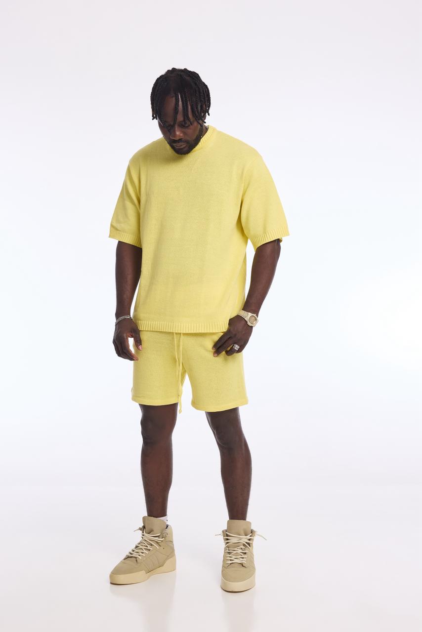 Yellow cord set, front view, matching top and shorts
